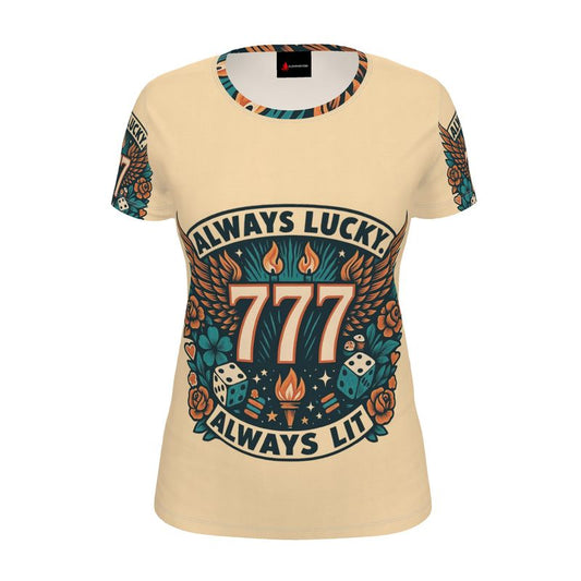 Women’s Always Lucky Always Lit 777 motivational T-shirt by I Love Me Vibe, featuring bold printed design and casual fit.