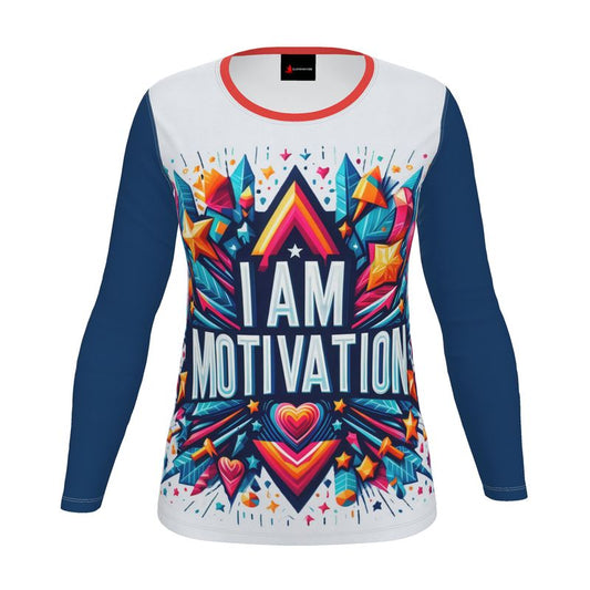 Women’s I Am Motivation long sleeve T-shirt by I Love Me Vibe in recycled poly jersey, featuring empowering affirmation and regular fit.