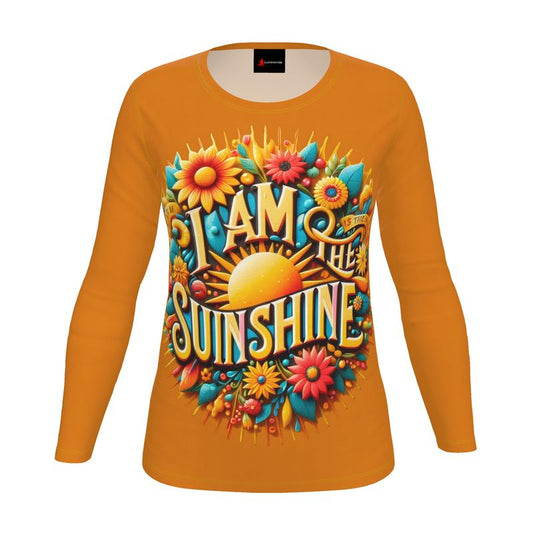 I Love Me Vibe women's long sleeve T-shirt with "I Am the Sunshine" positive energy affirmation, made of recycled poly jersey fabric.