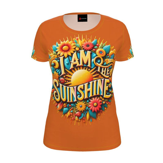 Women’s orange T-shirt from I Love Me Vibe with “I Am the Sunshine” motivational slogan, casual fit, recycled poly jersey fabric.