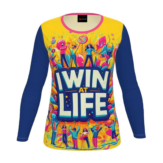 Women’s I Win at Life long sleeve T-shirt by I Love Me Vibe, positive affirmation top in recycled poly jersey, regular fit.