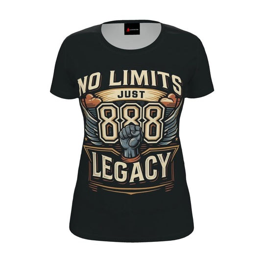 Women's I Love Me Vibe No Limits Just Legacy 888 motivational T-shirt, recycled poly jersey fabric, regular fit, lifestyle shot.