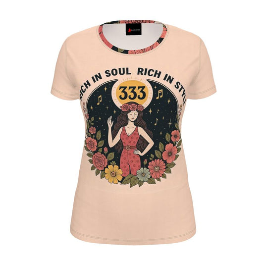 I Love Me Vibe women's T-shirt featuring "Rich in Soul, Rich in Style 333" angelic number affirmation, casual fit, recycled poly jersey.