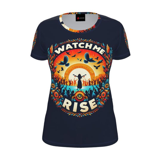 Women’s motivational T-shirt from I Love Me Vibe featuring "Watch Me Rise" slogan, recycled poly jersey fabric, regular fit.