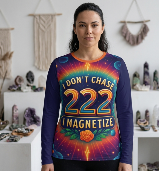 Women's long sleeve shirt by I Love Me Vibe with "I Don’t Chase, I Magnetize 222" slogan on the sleeve, casual and stylish.