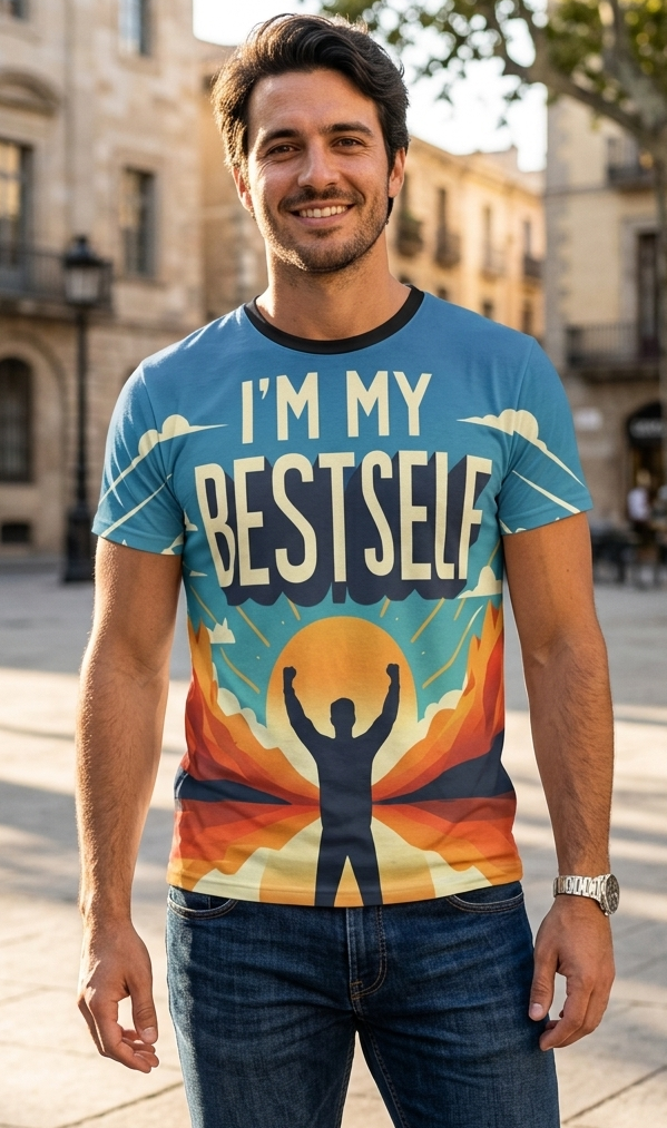 Men's I Love Me Vibe motivational T-shirt with all-over print, featuring positive "I’m My Best Self" slogan on a stylish cut and sew tee.