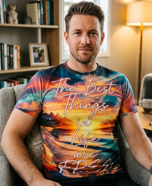 All-over print men's T-shirt by I Love Me Vibe featuring inspirational "The Best Things in Life Are Free" design.