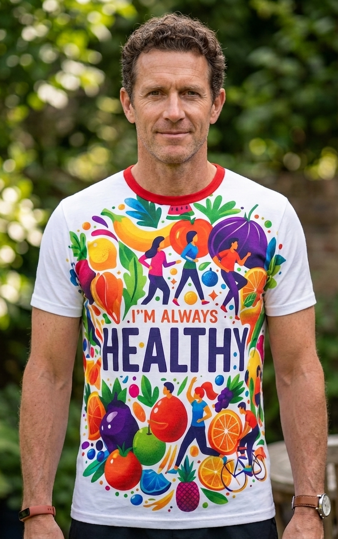 All-over print men's T-shirt by I Love Me Vibe with motivational wellness design and "I'm Always Healthy" message.
