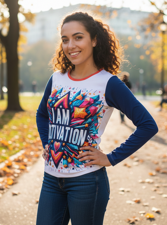 Women's long sleeve shirt by I Love Me Vibe featuring empowering "I Am Motivation" affirmation text, casual and stylish fit.