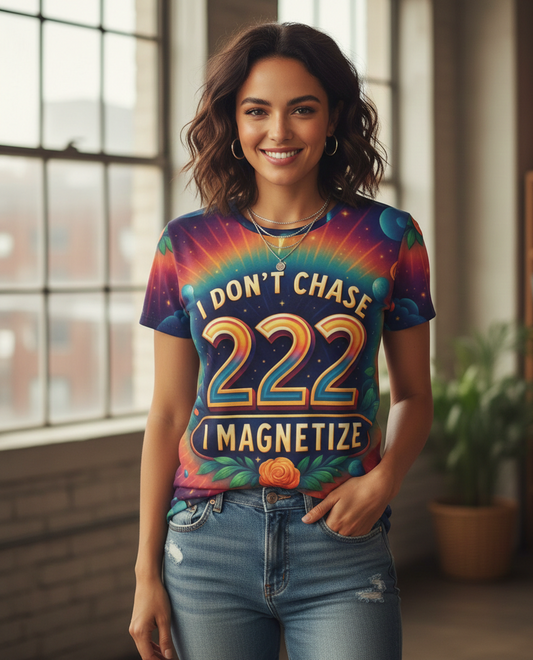 Women’s I Don’t Chase, I Magnetize T-shirt by I Love Me Vibe featuring angelic number 222 and affirmation design.