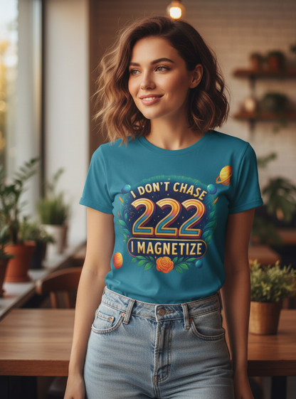 Blue women's T-shirt by I Love Me Vibe with "I Don’t Chase, I Magnetize 222" affirmation and angelic number design.