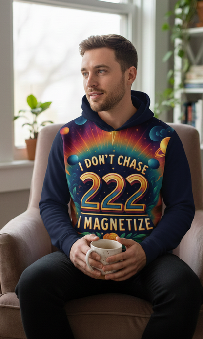 Gray I Love Me Vibe hoodie featuring "I Don’t Chase, I Magnetize 222" slogan, casual fit, soft fabric, and manifestation vibes.