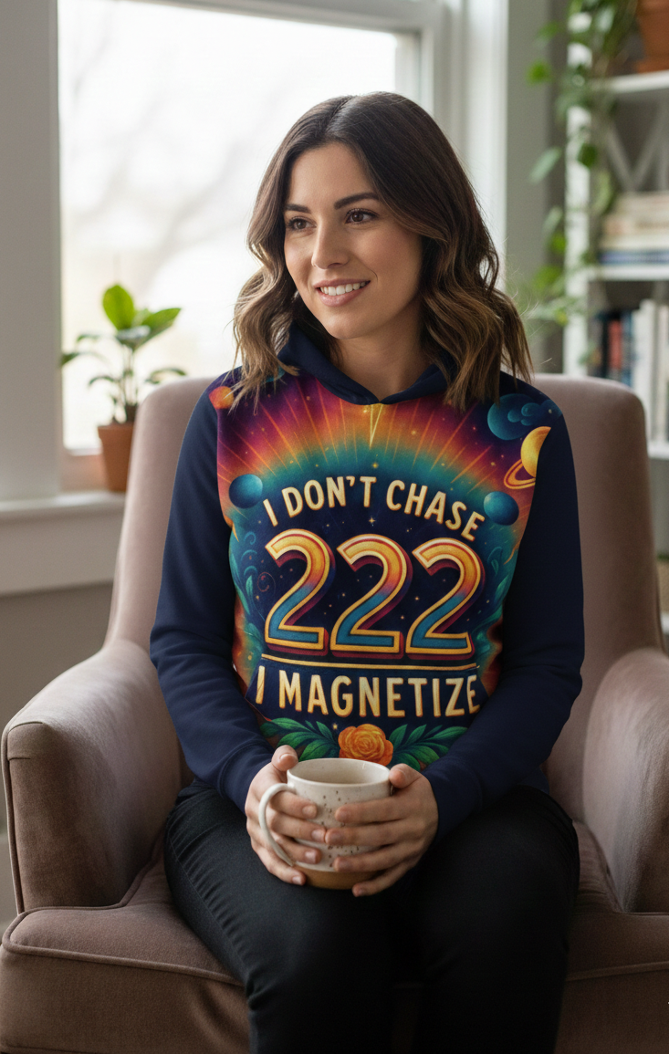 I Love Me Vibe women's hoodie featuring "I Don’t Chase, I Magnetize 222" design, with manifestation and alignment vibes graphic.