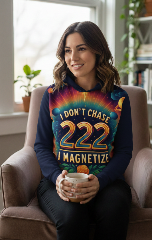 I Love Me Vibe women's hoodie featuring "I Don’t Chase, I Magnetize 222" design, with manifestation and alignment vibes graphic.