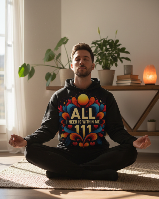 Men's hoodie by I Love Me Vibe featuring spiritual affirmation "All I Need Is Within Me" in stylish black fabric.