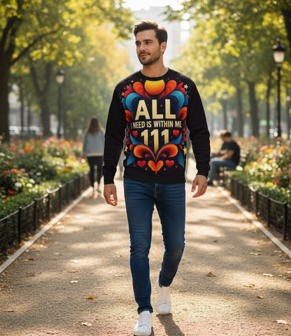 Men's sweatshirt from I Love Me Vibe with "All I Need Is Within Me 111" affirmation, featuring a comfortable fit and positive message.