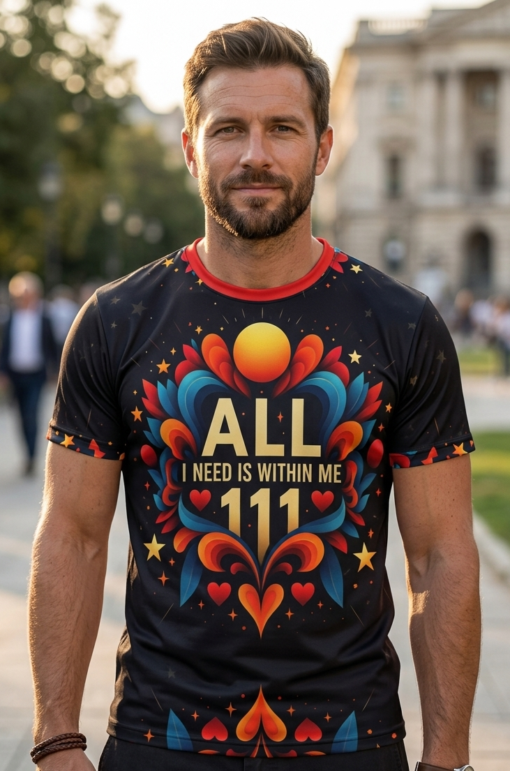 All I Need Is Within Me 111 men's motivational T-shirt with all-over print, by I Love Me Vibe, showcasing a bold, inspiring design.