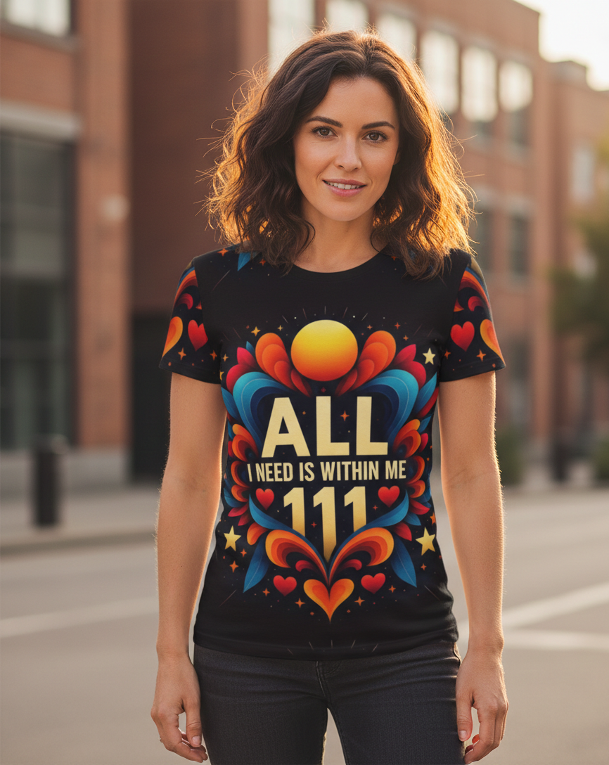 Women's I Love Me Vibe "All I Need Is Within Me" motivational T-shirt, featuring uplifting text and comfortable fit.