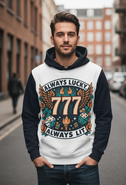 Men's hoodie by I Love Me Vibe featuring "Always Lucky Always Lit 777" motivational design on soft fabric.