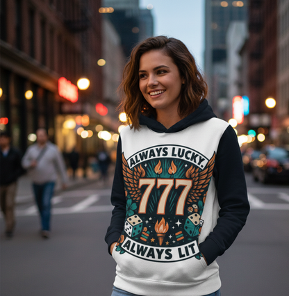 Always Lucky Always Lit 777 women's hoodie by I Love Me Vibe, featuring motivational text and comfortable hoodie style.