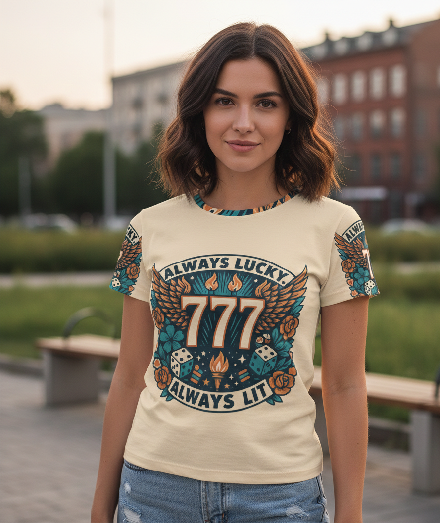 Women's I Love Me Vibe Always Lucky 777 T-Shirt with motivational "Always Lit" design, casual fit, and bold lettering.