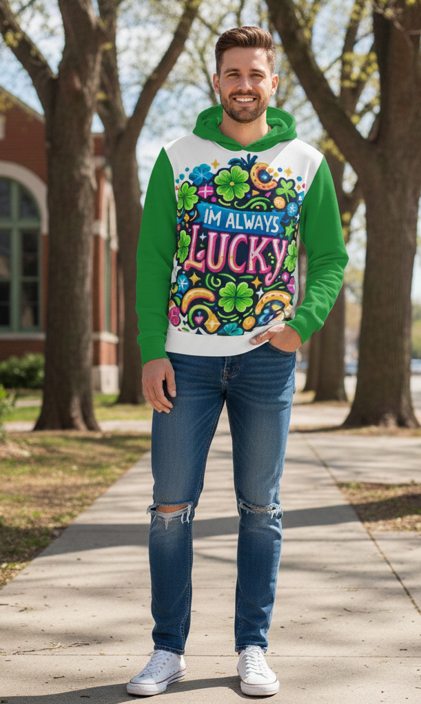 Men's I Love Me Vibe "I'm Always Lucky" hoodie with positive affirmation, casual fit, featuring a lucky design and comfortable fabric.