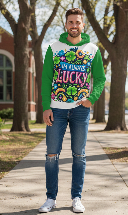 Men's I Love Me Vibe "I'm Always Lucky" hoodie with positive affirmation, casual fit, featuring a lucky design and comfortable fabric.