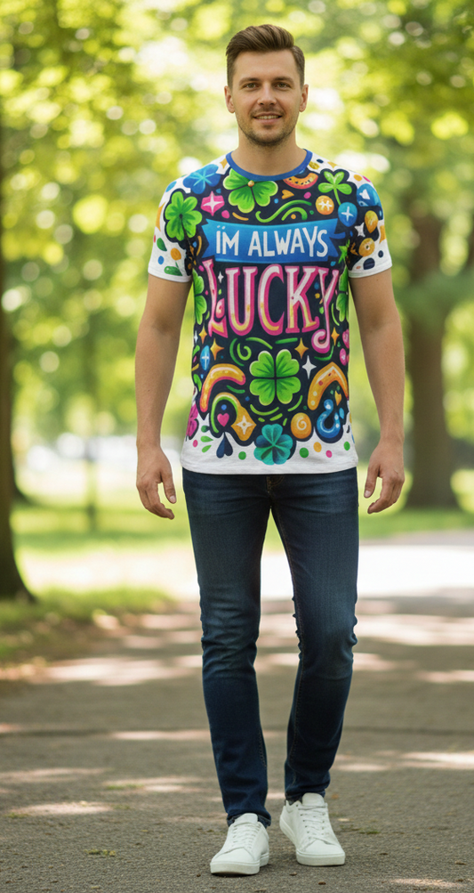 All-over print men's T-shirt from I Love Me Vibe featuring motivational "I'm Always Lucky" slogan and vibrant design.