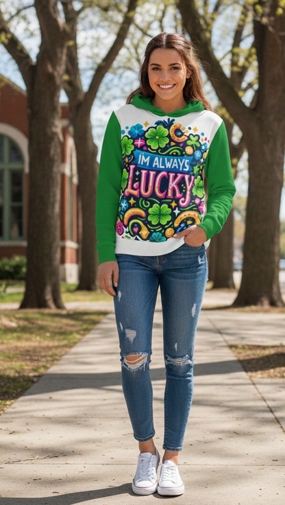 Women’s “I’m Always Lucky” hoodie by I Love Me Vibe featuring positive affirmation and self-love message on a cozy hoodie.