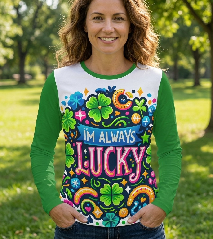 Women's long sleeve Lucky Girl Syndrome affirmation shirt by I Love Me Vibe, featuring positive "I'm Always Lucky" design.