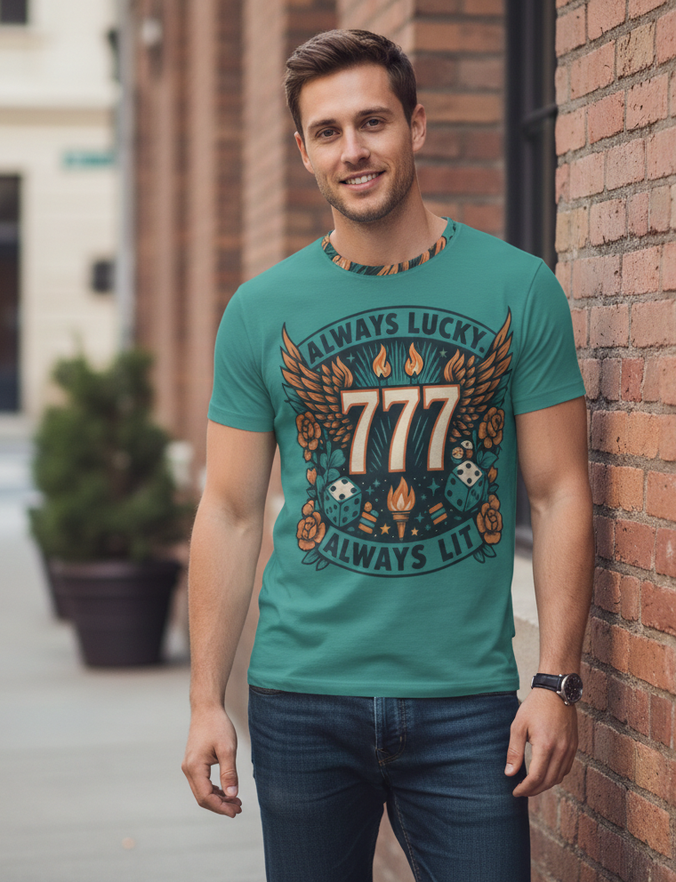 All-over print men's T-shirt by I Love Me Vibe featuring "Always Lucky Always Lit 777" motivational design.