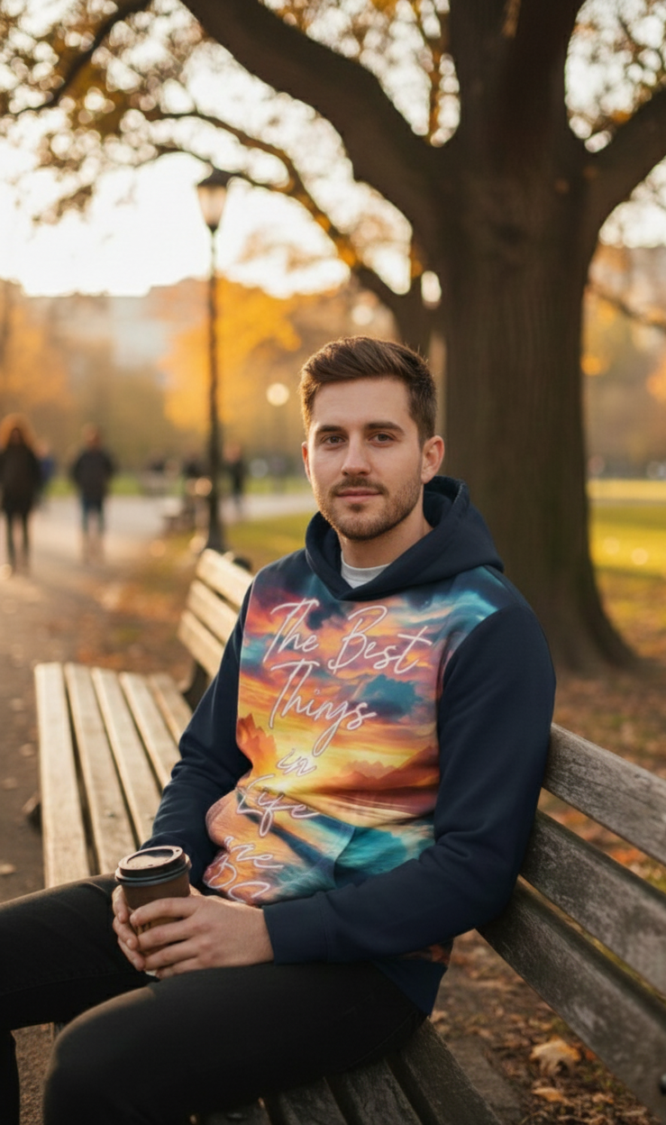 Men's I Love Me Vibe hoodie with "The Best Things in Life Are Free" affirmation, featuring a comfortable, casual fit and positive message.