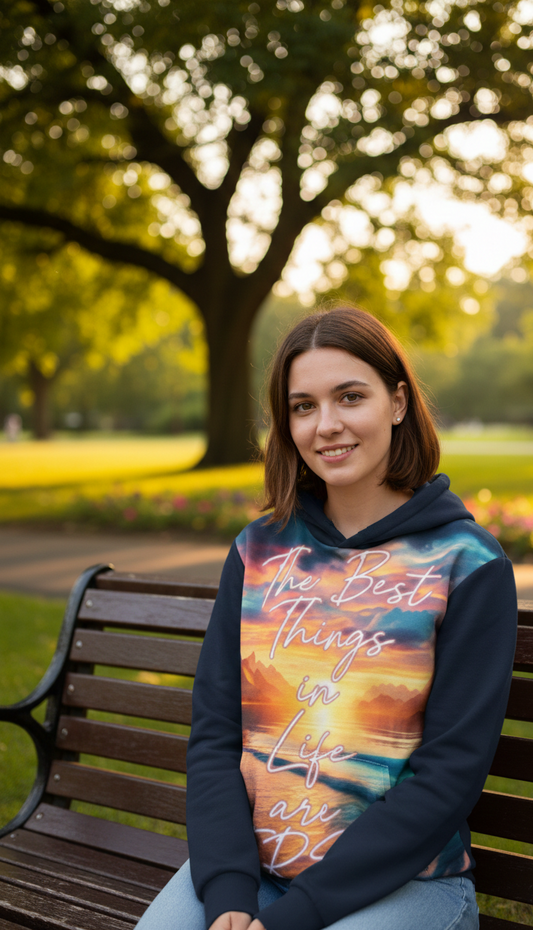 Women's affirmation hoodie by I Love Me Vibe featuring "The Best Things in Life Are Free" printed design in soft fabric.