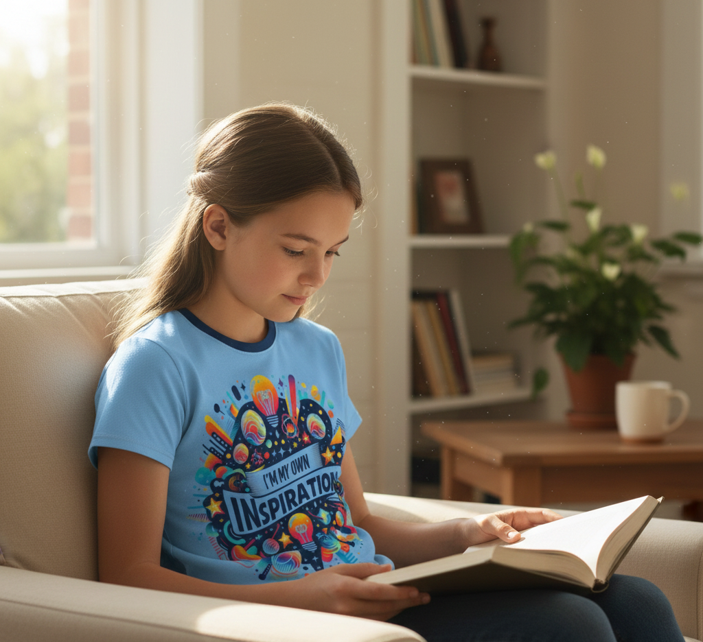 Girls' blue I Love Me Vibe T-shirt with positive "I’m My Own Inspiration" message, casual kids’ apparel.