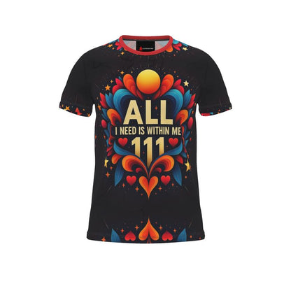 All I Need Is Within Me 111 men's motivational T-shirt by I Love Me Vibe, featuring all-over print on recycled poly jersey fabric.
