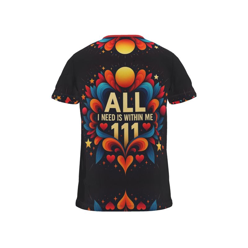 Men’s All I Need Is Within Me motivational T-shirt by I Love Me Vibe, featuring all-over print on recycled poly jersey fabric.