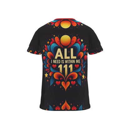 Men’s All I Need Is Within Me motivational T-shirt by I Love Me Vibe, featuring all-over print on recycled poly jersey fabric.