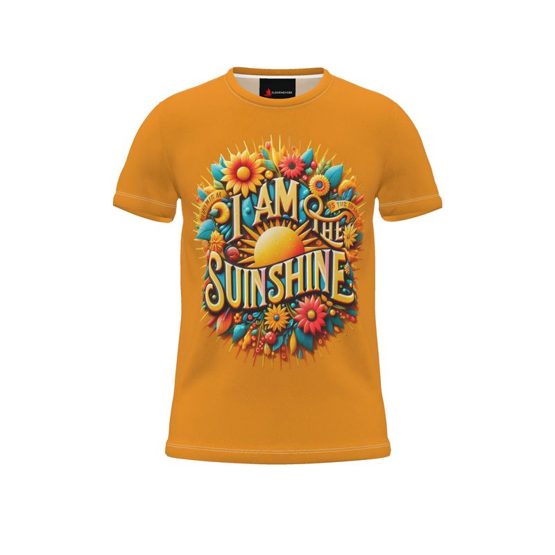 Men's I Am the Sunshine motivational T-shirt by I Love Me Vibe, all-over printed cut-and-sew recycled poly jersey, XS size.