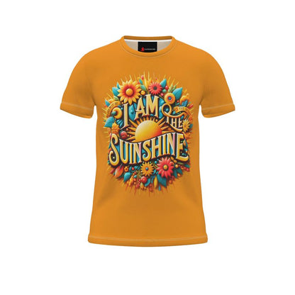 Men's I Am the Sunshine motivational T-shirt by I Love Me Vibe, all-over printed cut-and-sew recycled poly jersey, XS size.
