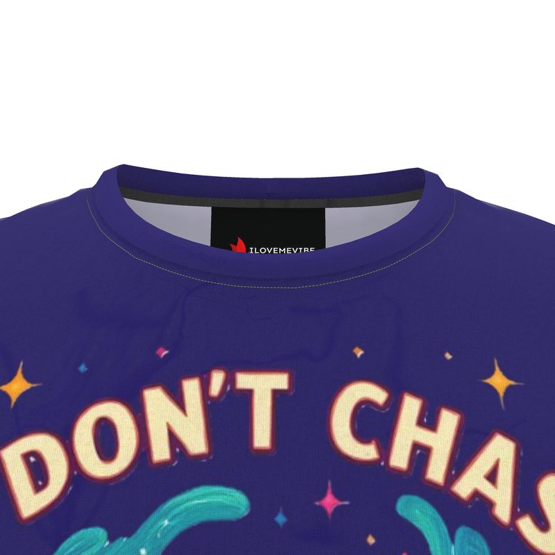 Men's I Don’t Chase, I Magnetize 222 T-shirt by I Love Me Vibe, all-over printed recycled poly jersey with affirmation message.