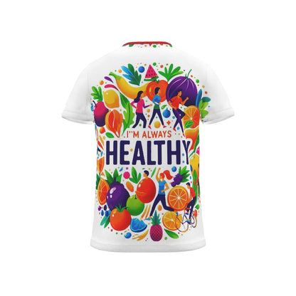 Men's I Love Me Vibe T-shirt with all-over motivational wellness print, recycled poly jersey fabric, casual lifestyle style.
