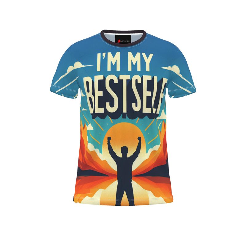 All-over print men's T-shirt by I Love Me Vibe featuring motivational "I'm My Best Self" design in recycled poly jersey fabric.