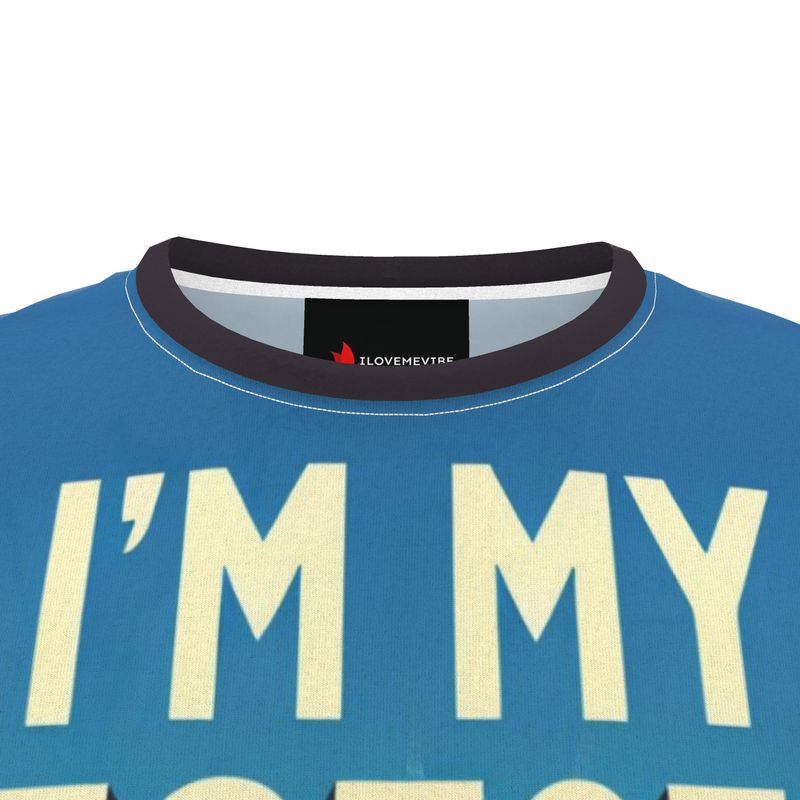 I Love Me Vibe men's all-over print T-shirt featuring motivational "I'm My Best Self" design on recycled polyester jersey fabric.