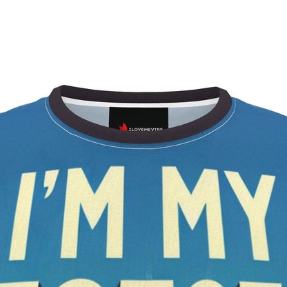 I Love Me Vibe men's all-over print T-shirt featuring motivational "I'm My Best Self" design on recycled polyester jersey fabric.