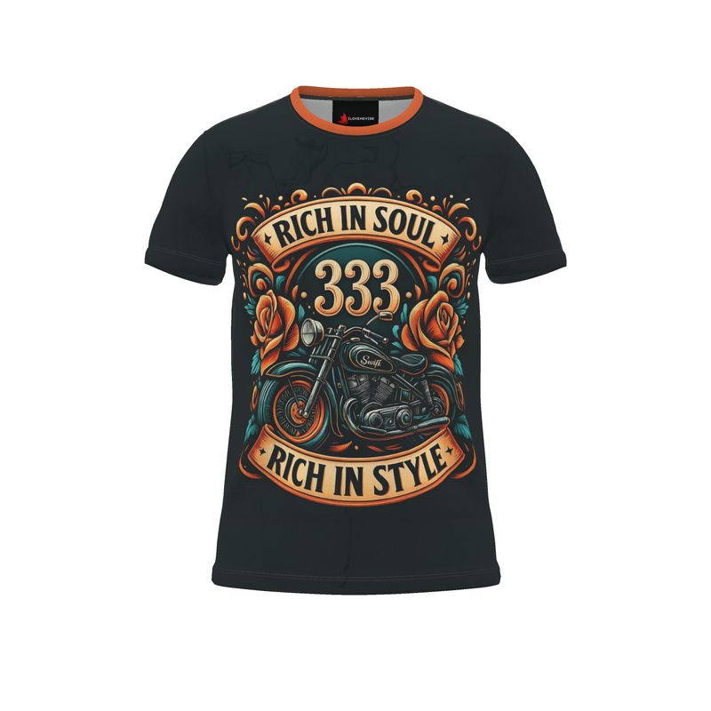 Men’s all-over print T-shirt by I Love Me Vibe featuring “Rich in Soul, Rich in Style 333” angelic number affirmation design.