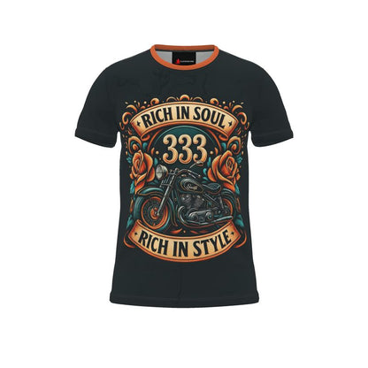 Men’s all-over print T-shirt by I Love Me Vibe featuring “Rich in Soul, Rich in Style 333” angelic number affirmation design.