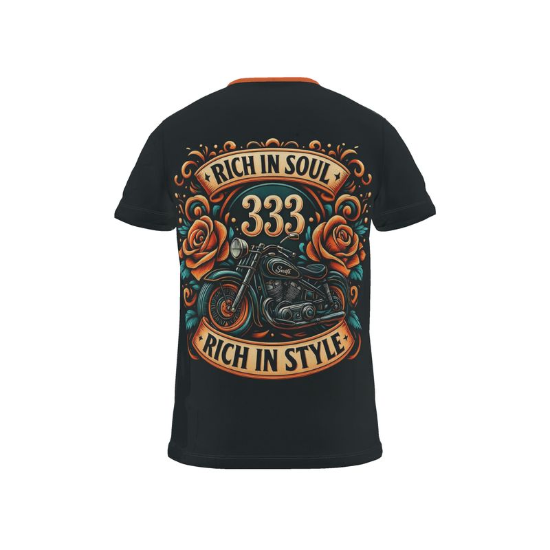 Men’s all-over print T-shirt by I Love Me Vibe featuring "Rich in Soul, Rich in Style 333" angelic number affirmation on recycled polyester jersey.