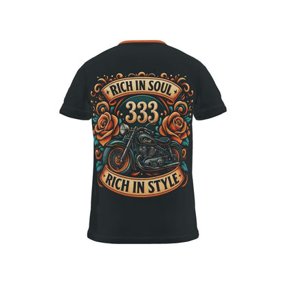 Men’s all-over print T-shirt by I Love Me Vibe featuring "Rich in Soul, Rich in Style 333" angelic number affirmation on recycled polyester jersey.