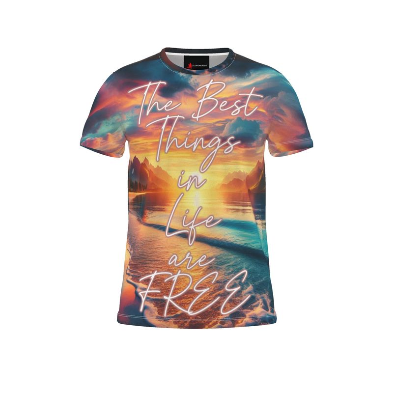 All-over print men's T-shirt by I Love Me Vibe featuring inspirational "The Best Things in Life Are Free" design on recycled polyester jersey