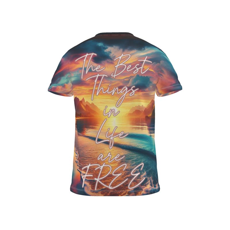 Men’s inspirational T-shirt from I Love Me Vibe with all-over print and recycled poly jersey, featuring "The Best Things in Life Are Free" design.
